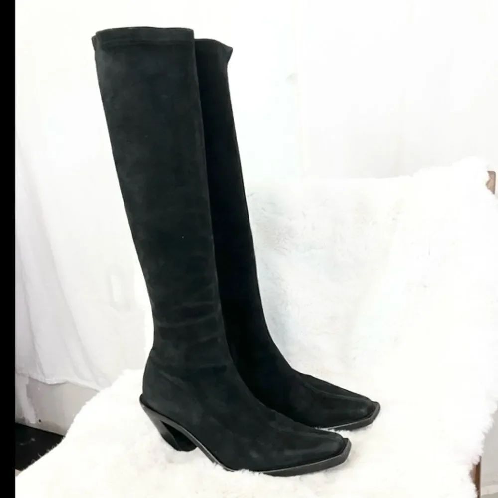 Ann Demeulemeester Suede Leather Square Toe Block Heel Knee High Boots Black 35